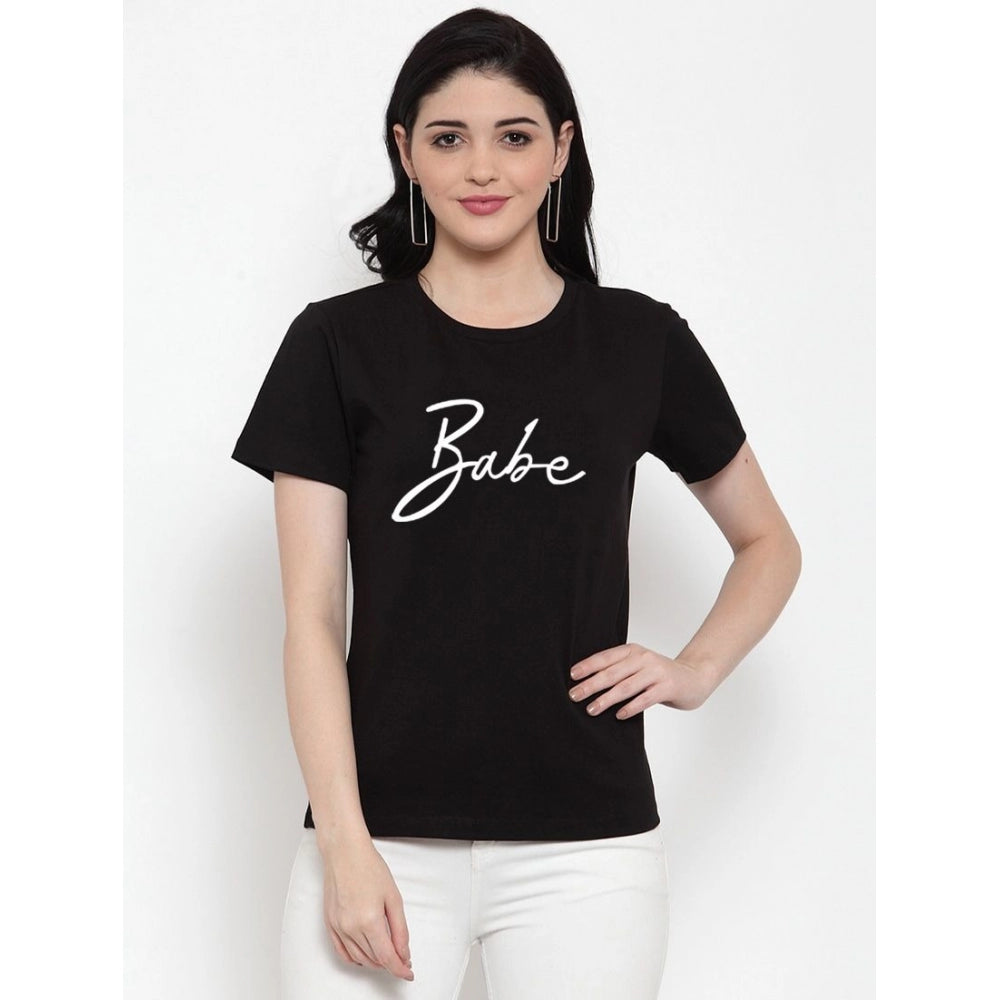 Generic Women's Cotton Blend Babe Printed T-Shirt (Black)