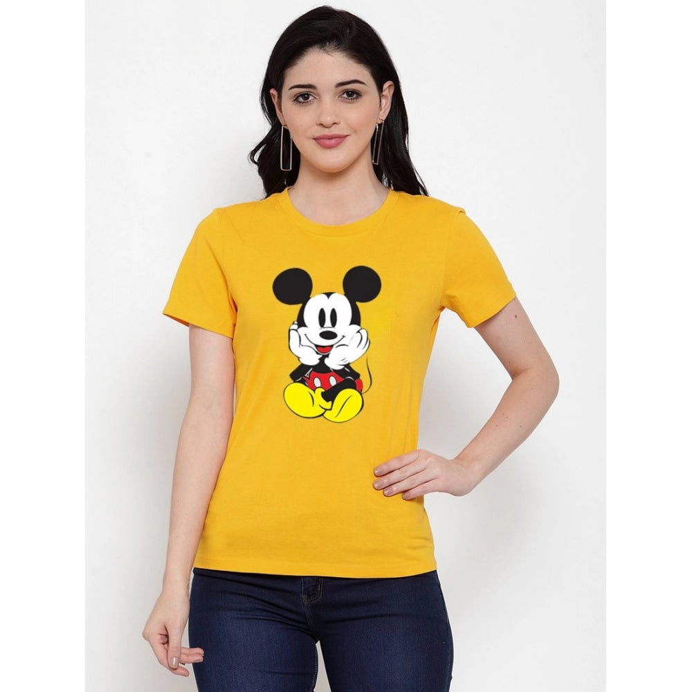 Generic Women's Cotton Blend Mickey Mouse Printed T-Shirt (Yellow)