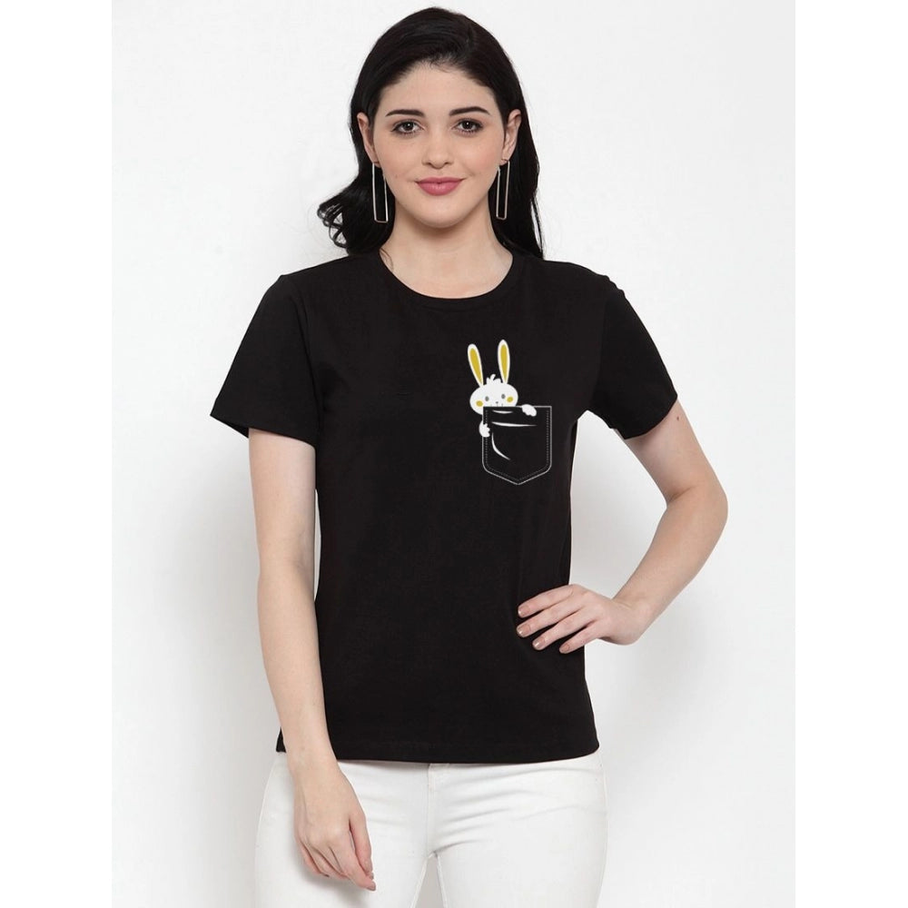 Generic Women's Cotton Blend Rabbit Printed T-Shirt (Black)