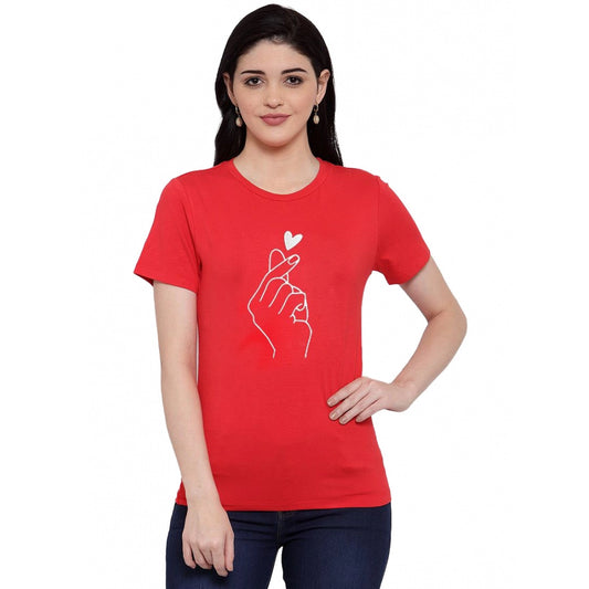 Generic Women's Cotton Blend Hand Heart Line Art Printed T-Shirt (Red)