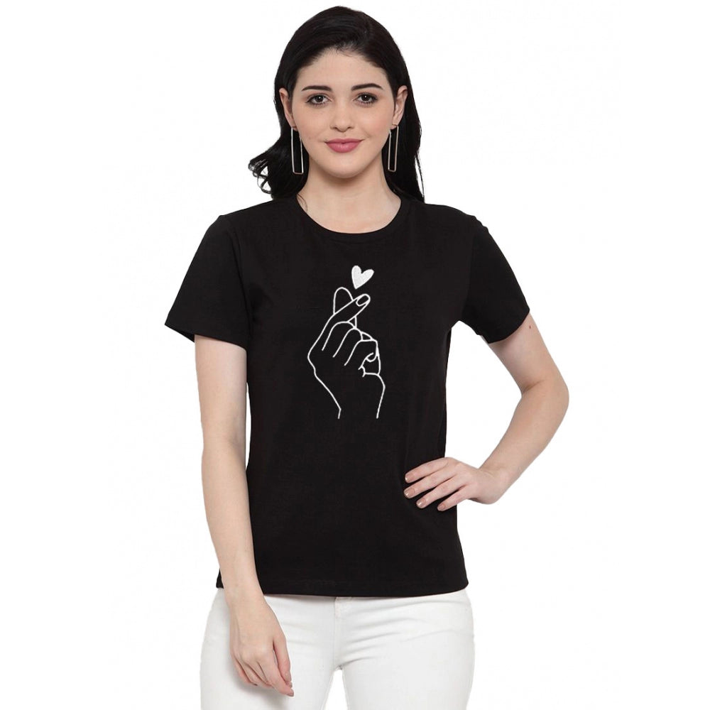 Generic Women's Cotton Blend Hand Heart Line Art Printed T-Shirt (Black)