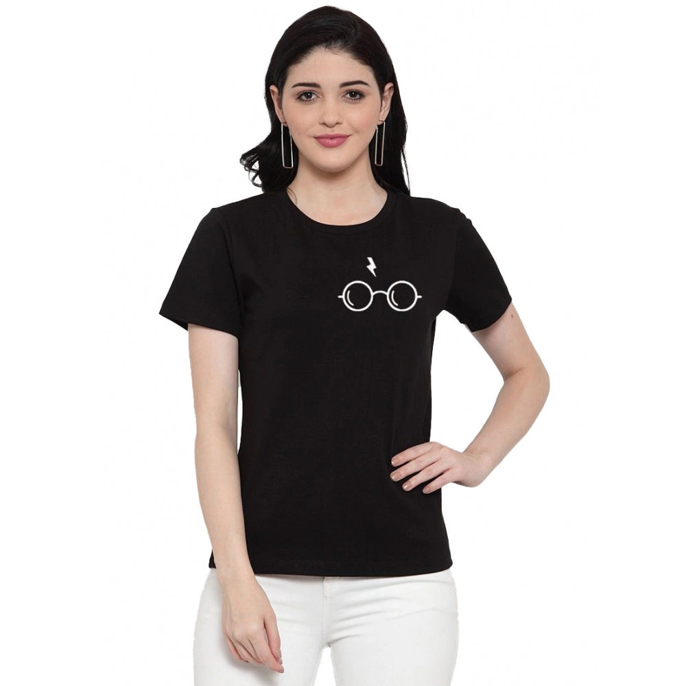 Generic Women's Cotton Blend Left Corner Black Eye Glasses Line Art Printed T-Shirt (Black)