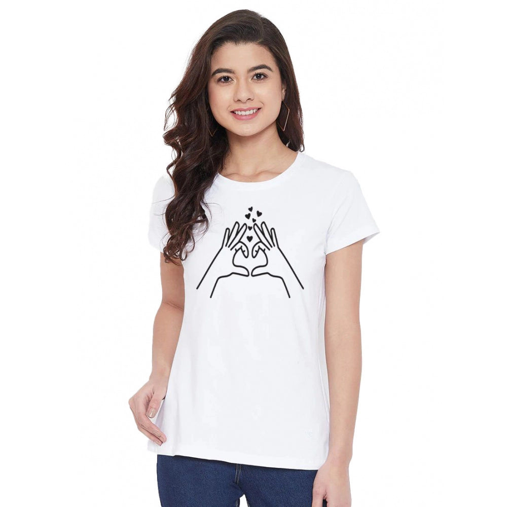 Generic Women's Cotton Blend Heart Hands Line Art Printed T-Shirt (White)