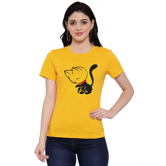 Generic Women's Cotton Blend Cat Printed T-Shirt (Yellow)