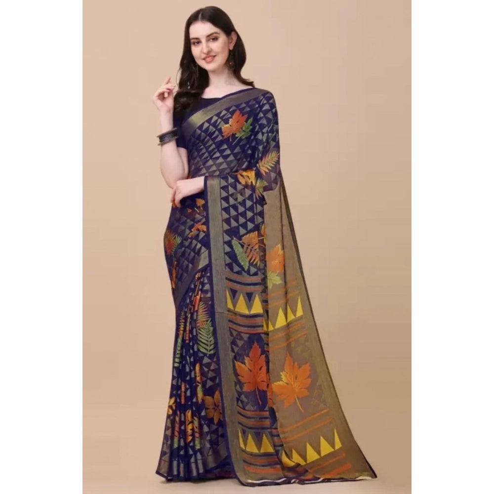 Shopper Beast Women's Viscose Rayon Printed Saree With Unstitched Blouse (Navy Blue)