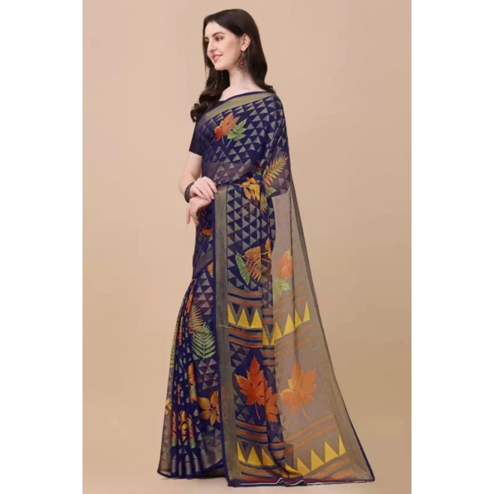 Shopper Beast Women's Viscose Rayon Printed Saree With Unstitched Blouse (Navy Blue)