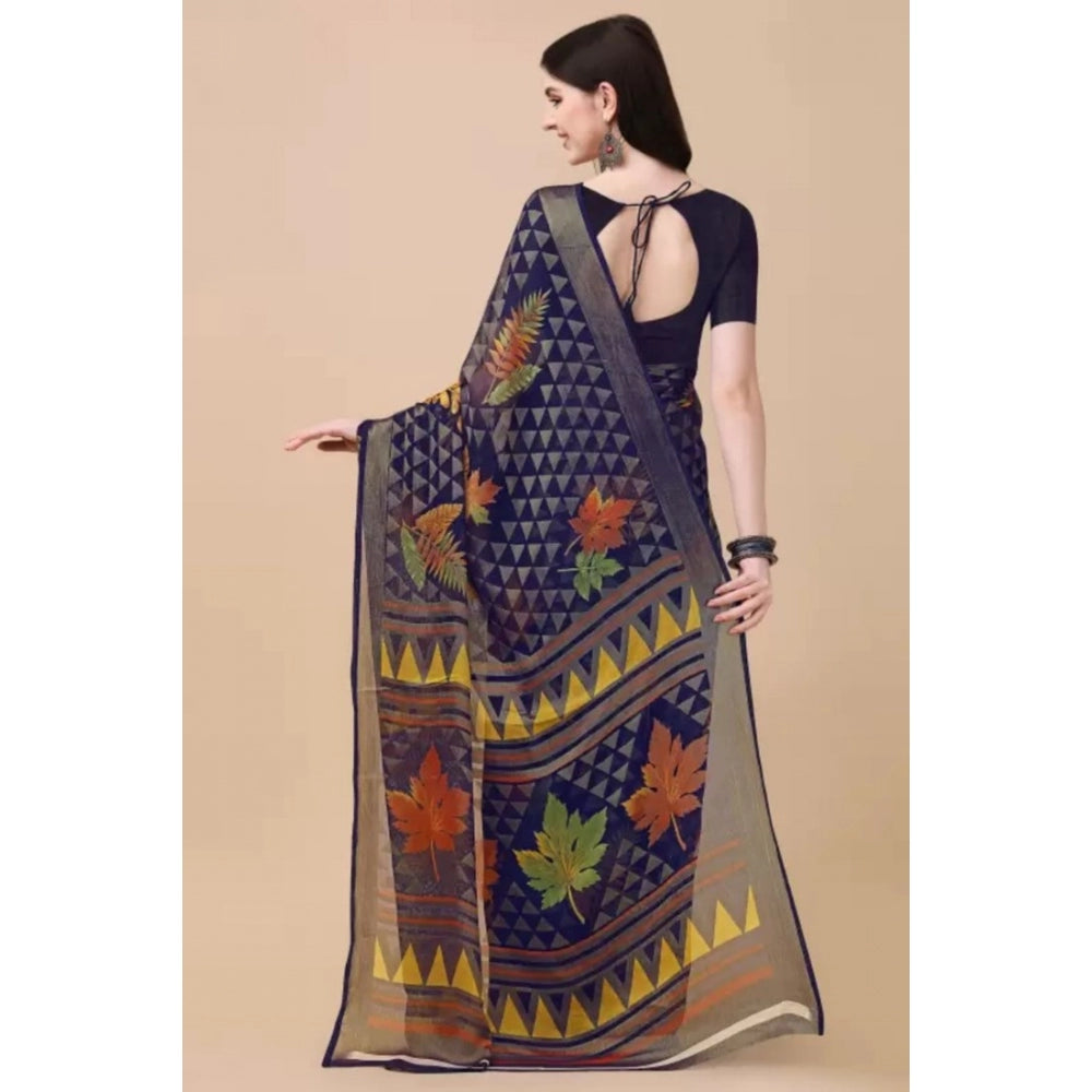 Shopper Beast Women's Viscose Rayon Printed Saree With Unstitched Blouse (Navy Blue)