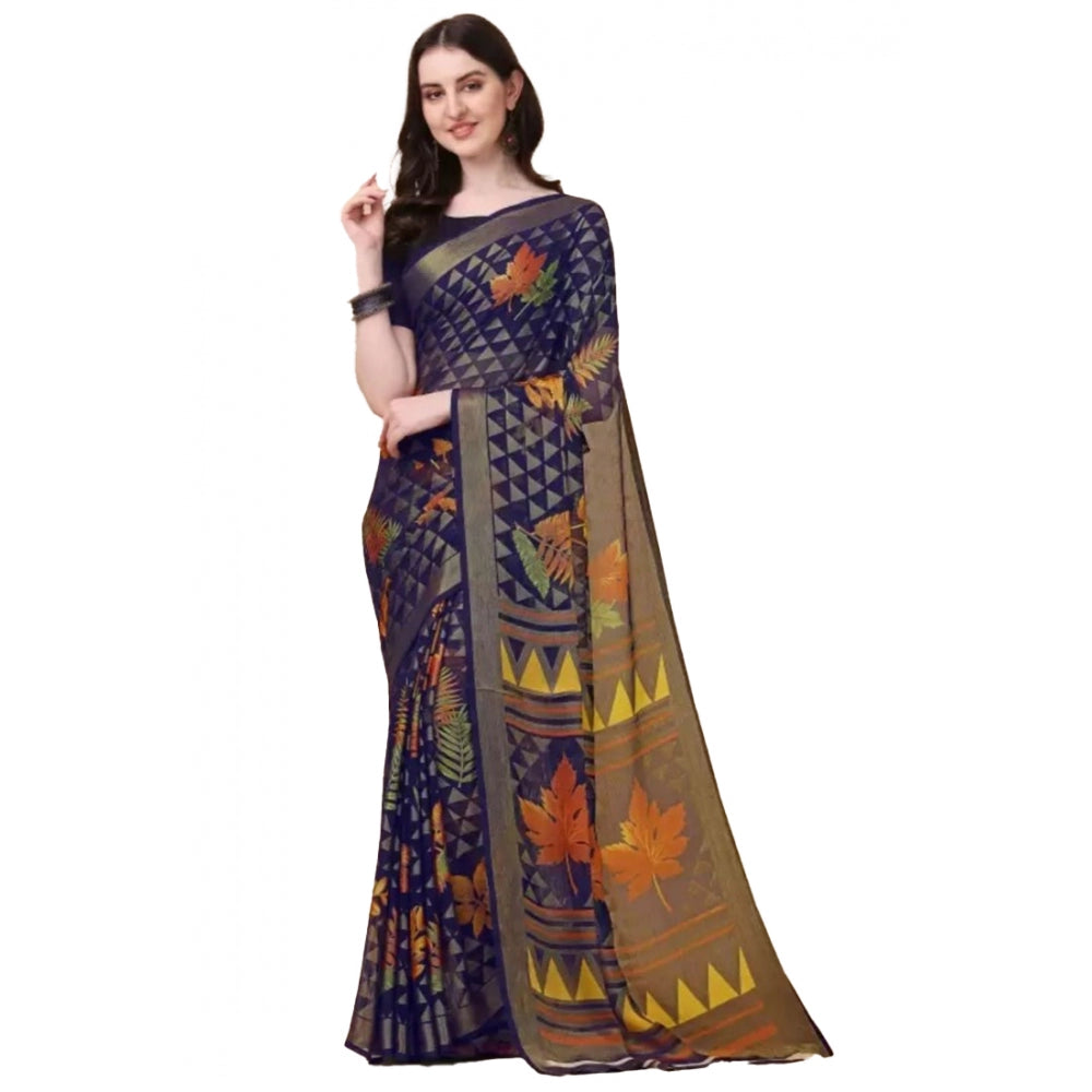 Shopper Beast Women's Viscose Rayon Printed Saree With Unstitched Blouse (Navy Blue)