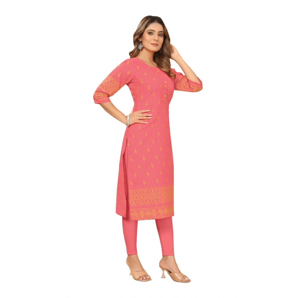 Generic Women's Casual 3/4th Sleeve Foil Gold Printed Ruby Cotton Kurti (Peach)