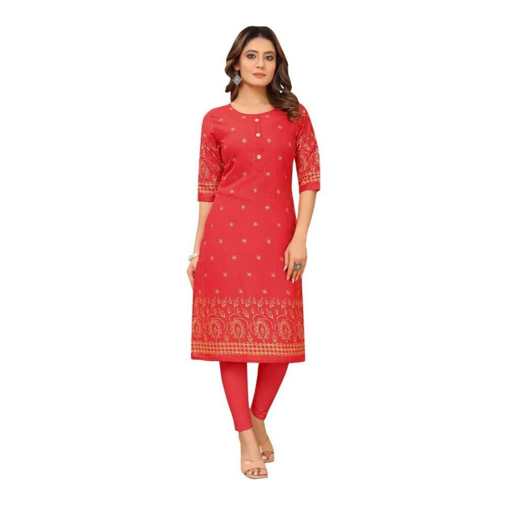 Generic Women's Casual 3/4th Sleeve Foil Gold Printed Ruby Cotton Kurti (Red)