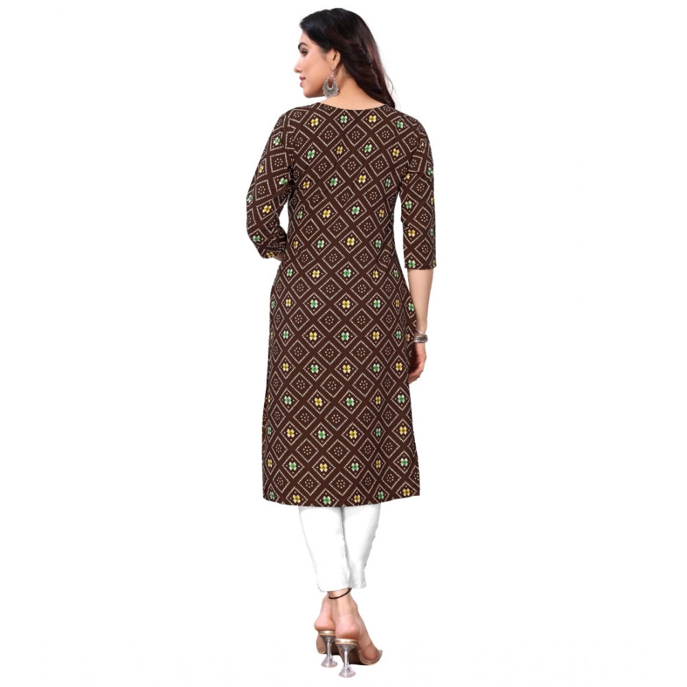 Generic Women's Casual 3/4th Sleeve Bandhani Printed Crepe Kurti (Brown)