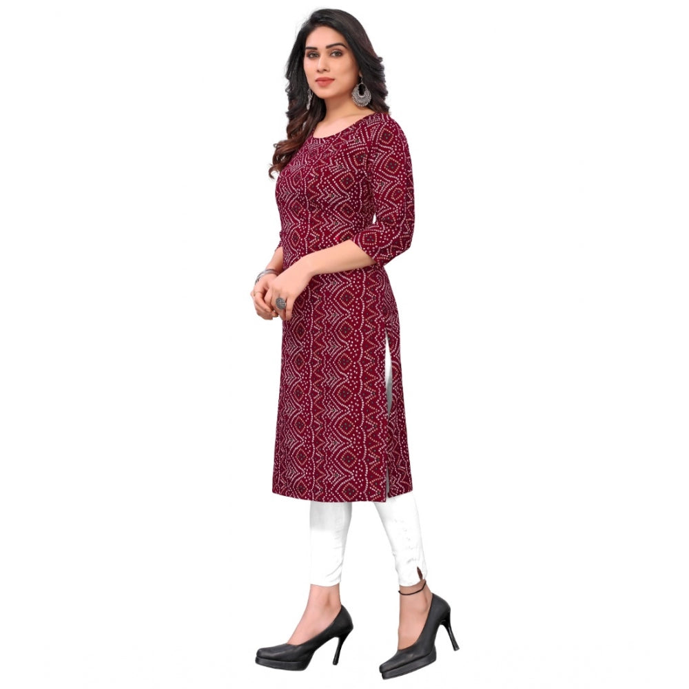 Generic Women's Casual 3/4th Sleeve Bandhani Printed Crepe Kurti (Maroon)