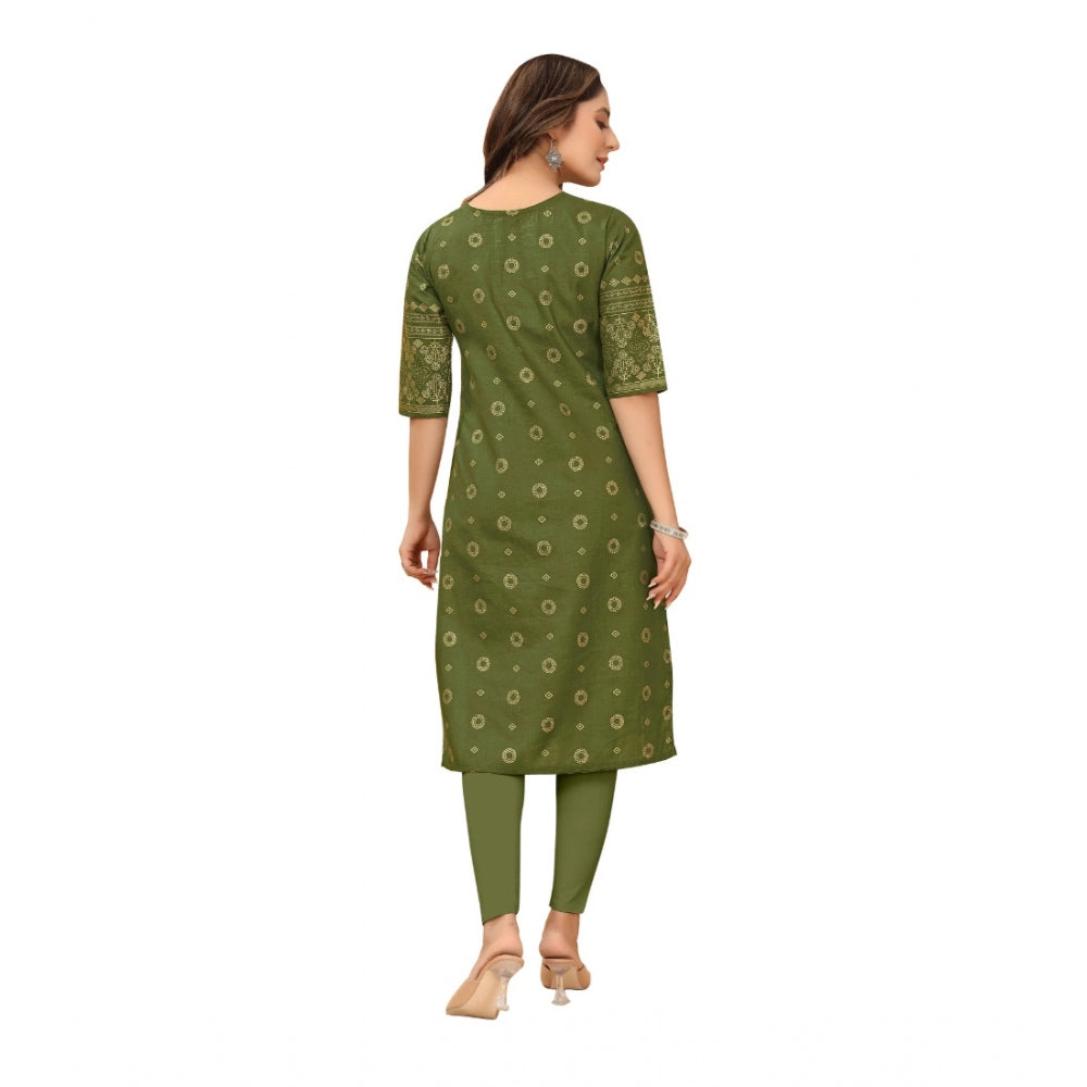 Generic Women's Casual 3/4th Sleeve Foil Gold Printed Ruby Cotton Kurti (Dark Green)