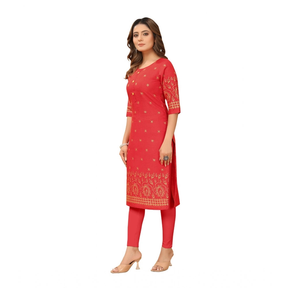 Generic Women's Casual 3/4th Sleeve Foil Gold Printed Ruby Cotton Kurti (Red)