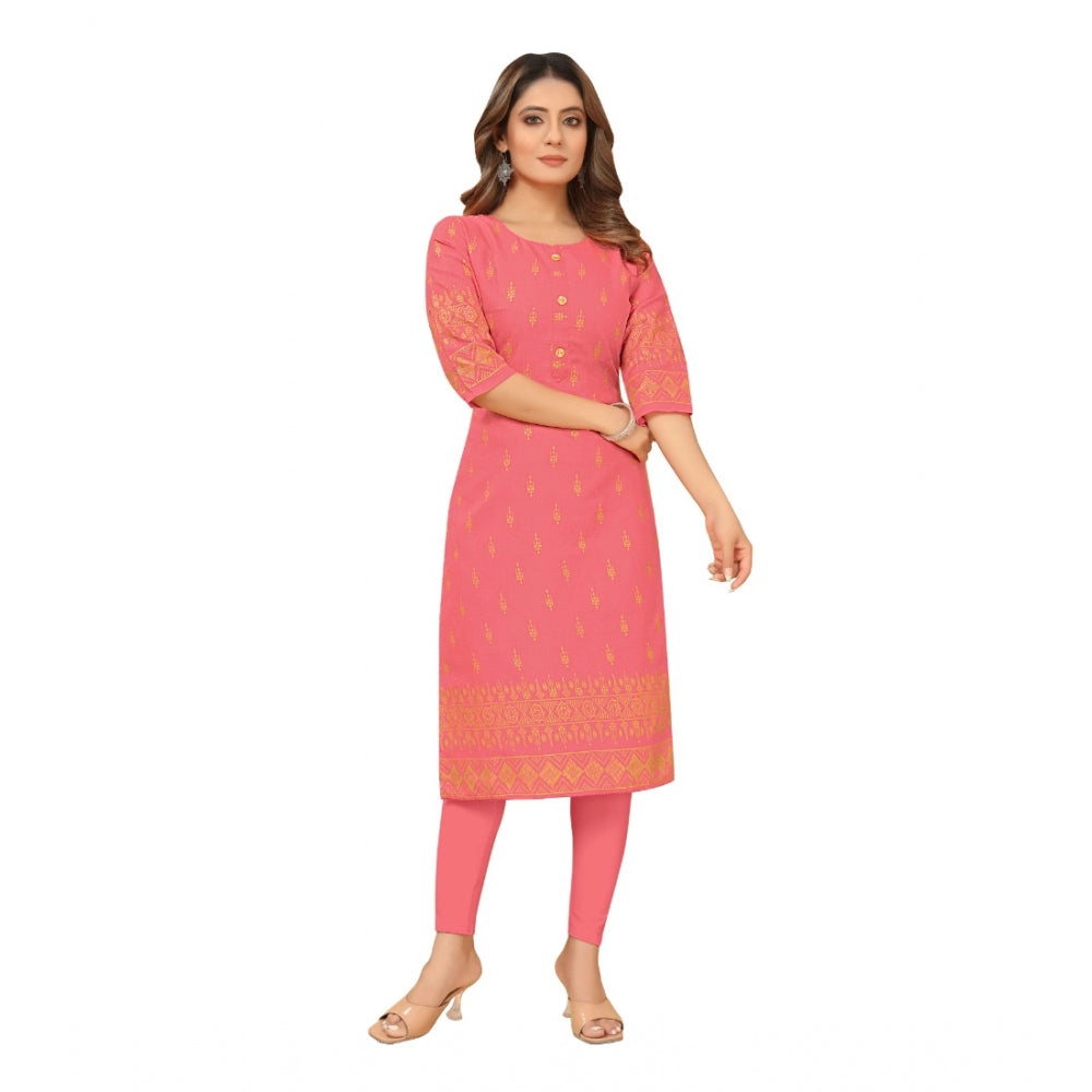 Generic Women's Casual 3/4th Sleeve Foil Gold Printed Ruby Cotton Kurti (Peach)