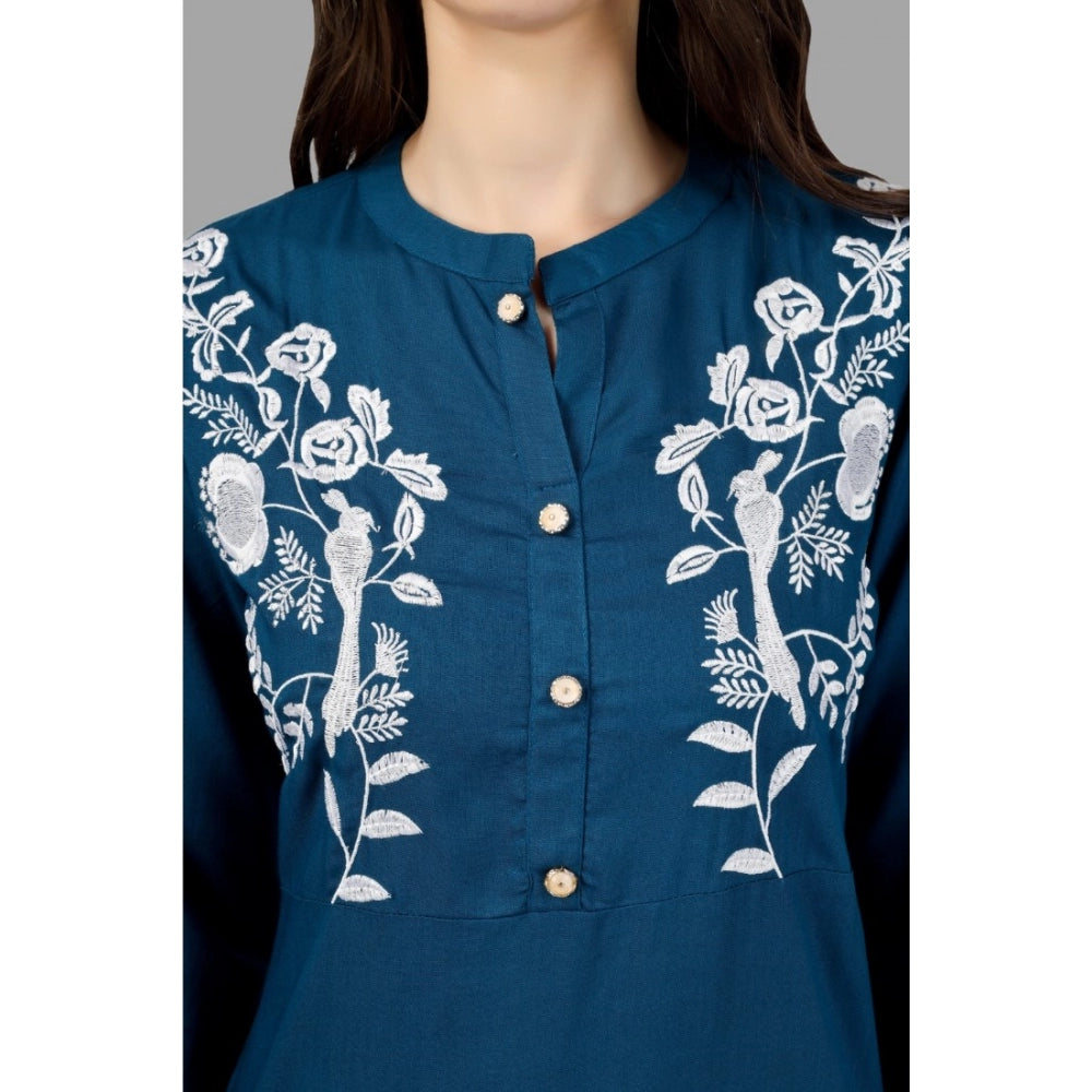 Generic Women's Embroidered Calf Length Rayon Kurti (Light Blue)