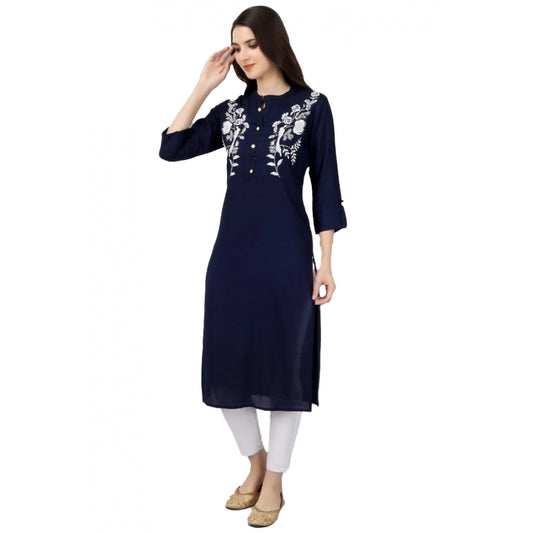 Generic Women's Embroidered Calf Length Rayon Kurti (Blue)