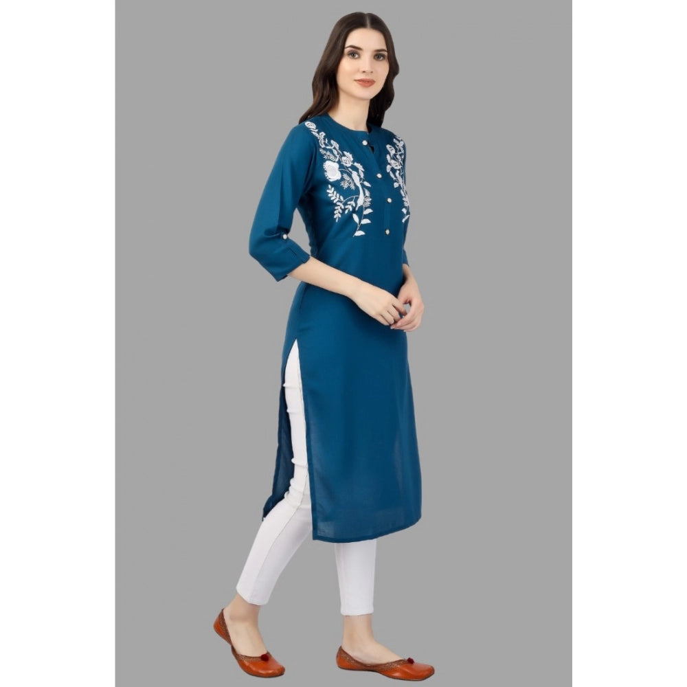 Generic Women's Embroidered Calf Length Rayon Kurti (Light Blue)