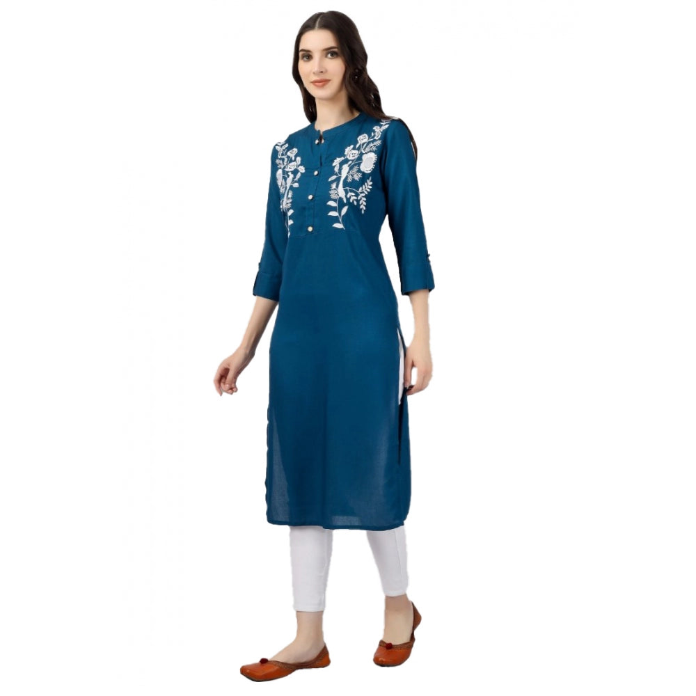 Generic Women's Embroidered Calf Length Rayon Kurti (Light Blue)