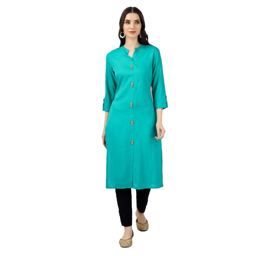 Generic Women's Solid Calf Length Rayon Kurti (Turquoise )