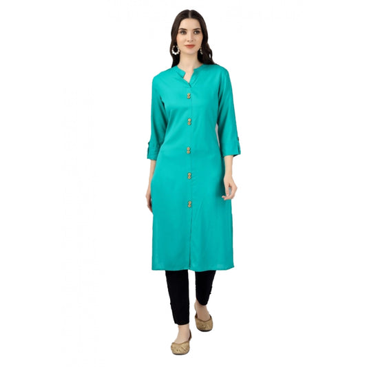 Generic Women's Solid Calf Length Rayon Kurti (Turquoise )