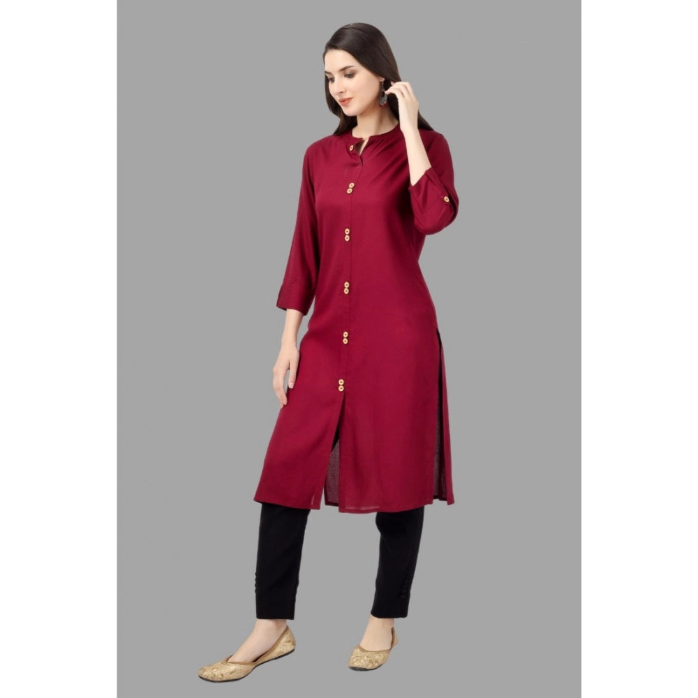 Generic Women's Solid Calf Length Rayon Kurti (Maroon)