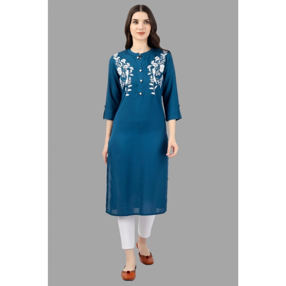 Generic Women's Embroidered Calf Length Rayon Kurti (Light Blue)