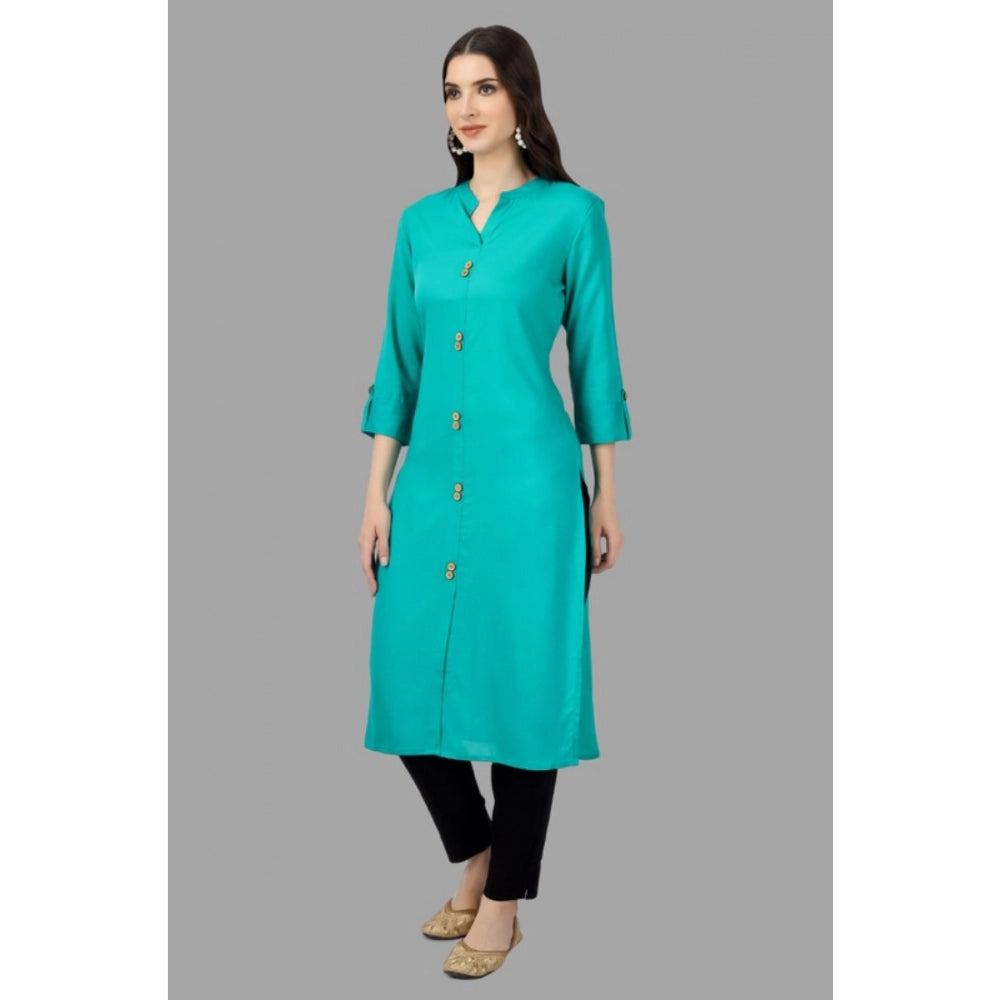 Generic Women's Solid Calf Length Rayon Kurti (Turquoise )