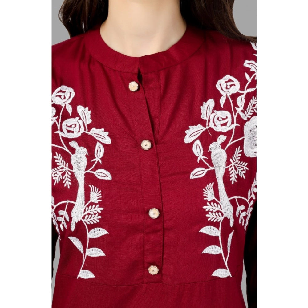 Generic Women's Embroidered Calf Length Rayon Kurti (Maroon)