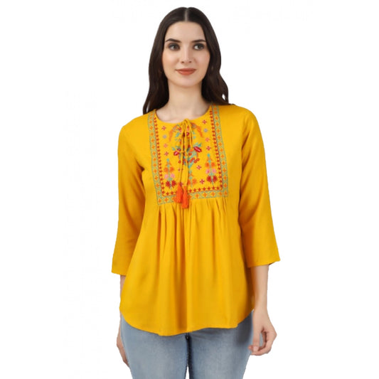 Generic Women's Embroidered Short Length Rayon Tunic Top (Yellow)