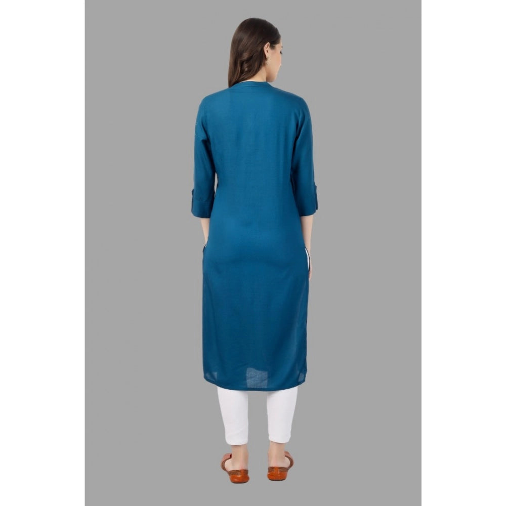 Generic Women's Embroidered Calf Length Rayon Kurti (Light Blue)