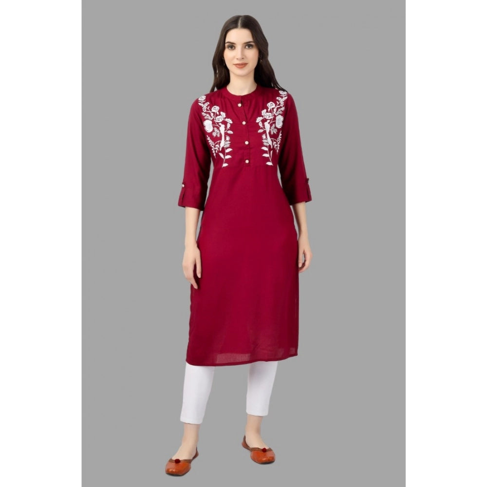 Generic Women's Embroidered Calf Length Rayon Kurti (Maroon)