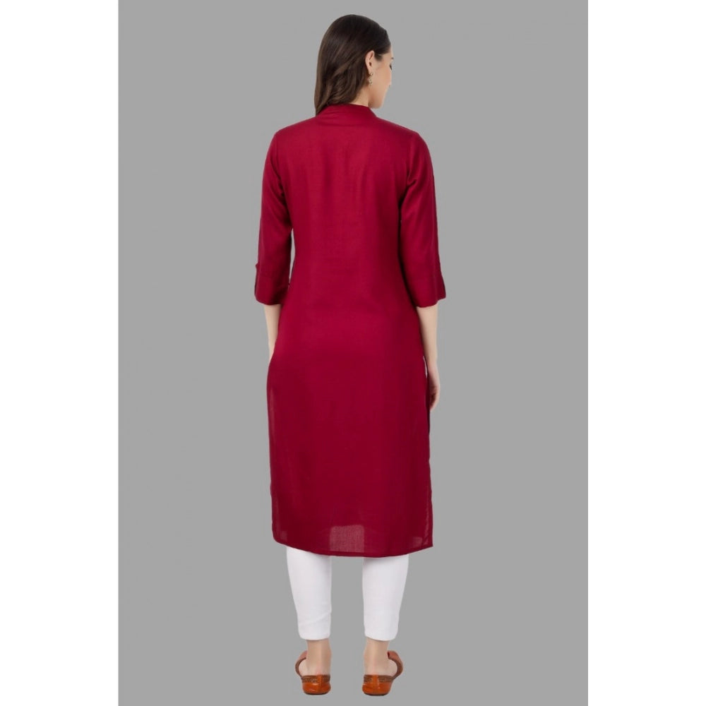 Generic Women's Embroidered Calf Length Rayon Kurti (Maroon)