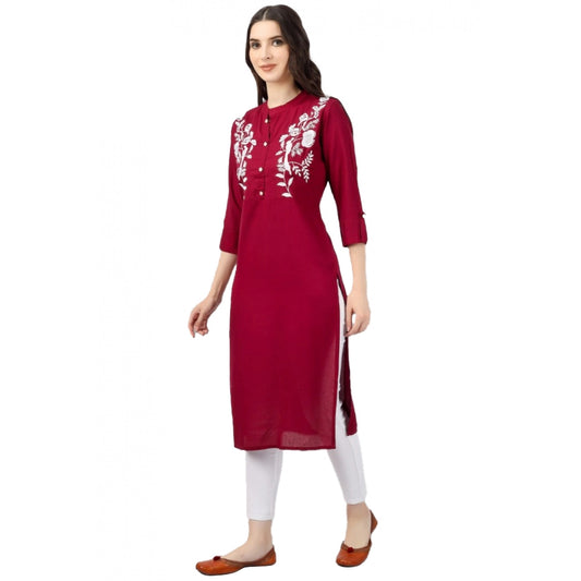 Generic Women's Embroidered Calf Length Rayon Kurti (Maroon)