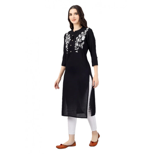 Generic Women's Embroidered Calf Length Rayon Kurti (Black)