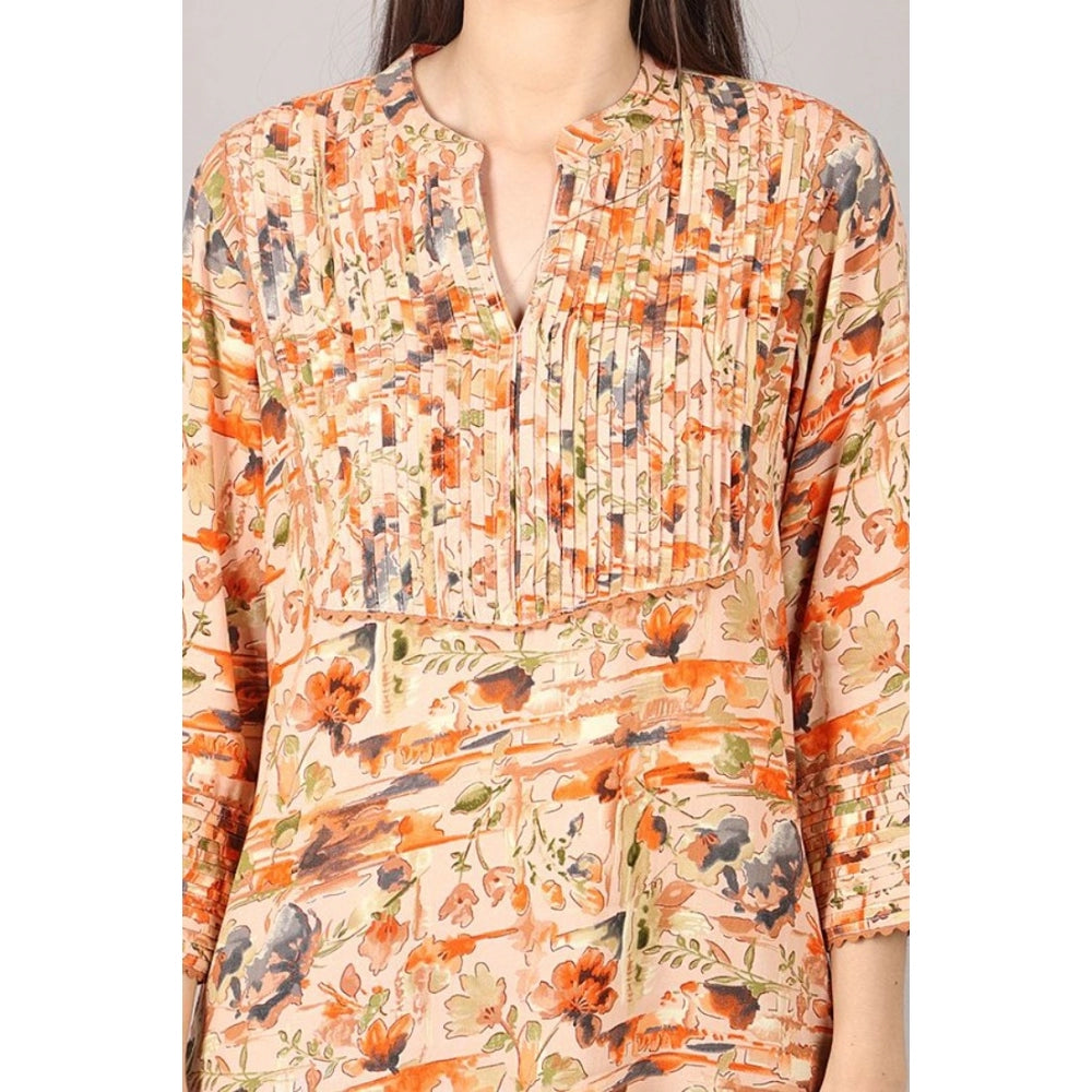 Generic Women's Casual 3/4 Sleeve Viscose Rayon Printed Kurti (Orange)