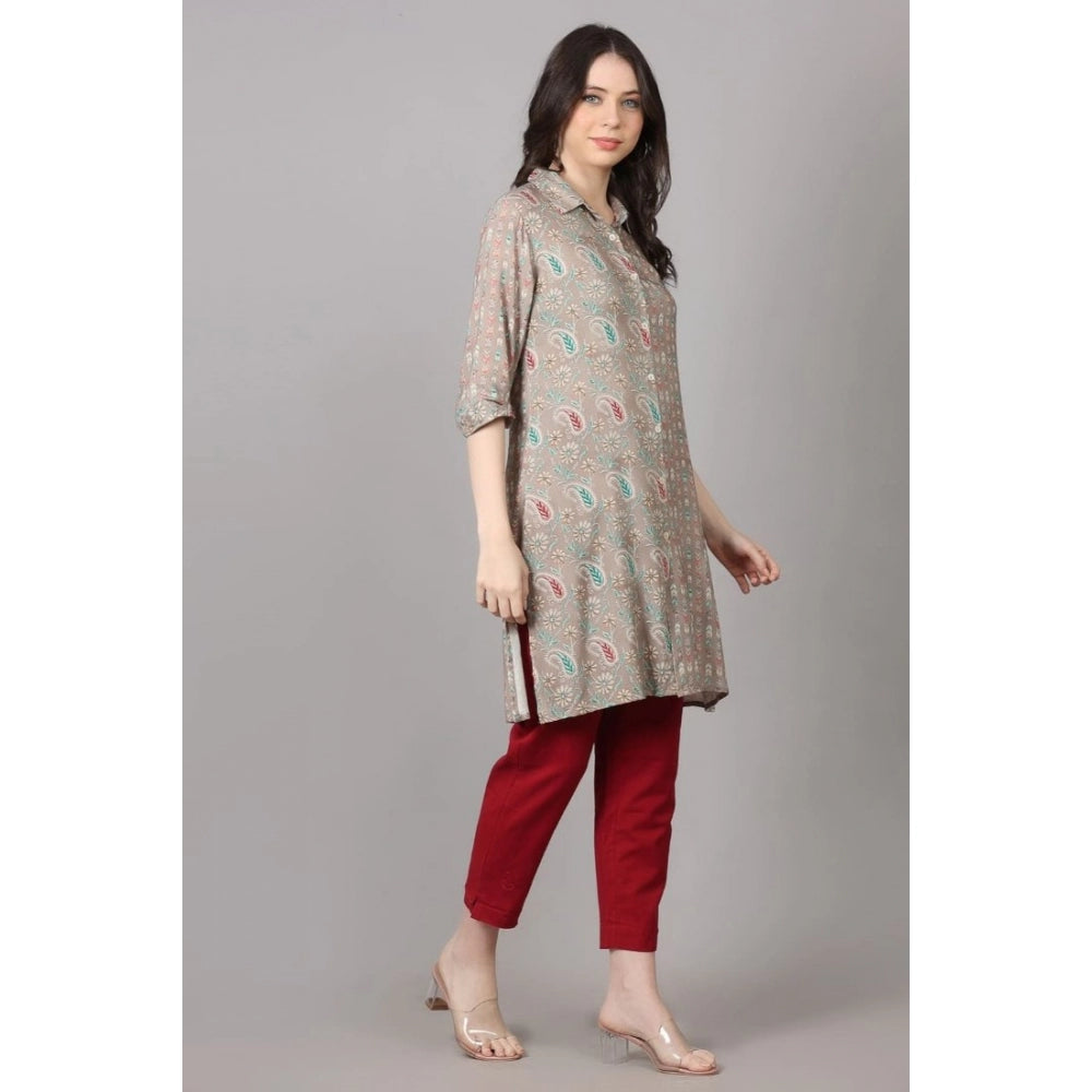 Generic Women's Casual 3/4 Sleeve Viscose Rayon Printed Kurti (Grey)