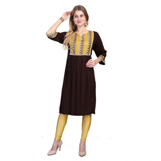 Generic Women's Casual 3/4 Sleeve Viscose Rayon Printed Kurti (Brown)