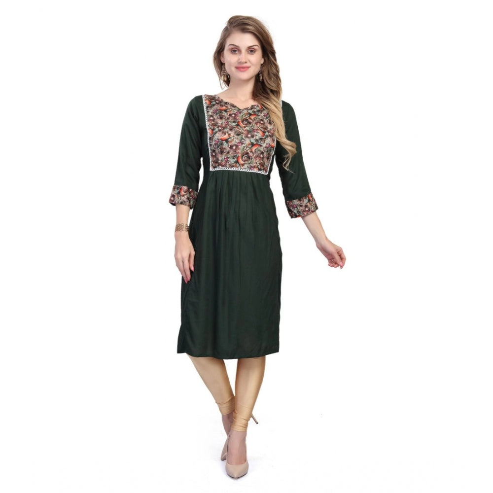 Generic Women's Casual 3/4 Sleeve Viscose Rayon Printed Kurti (Dark Green)