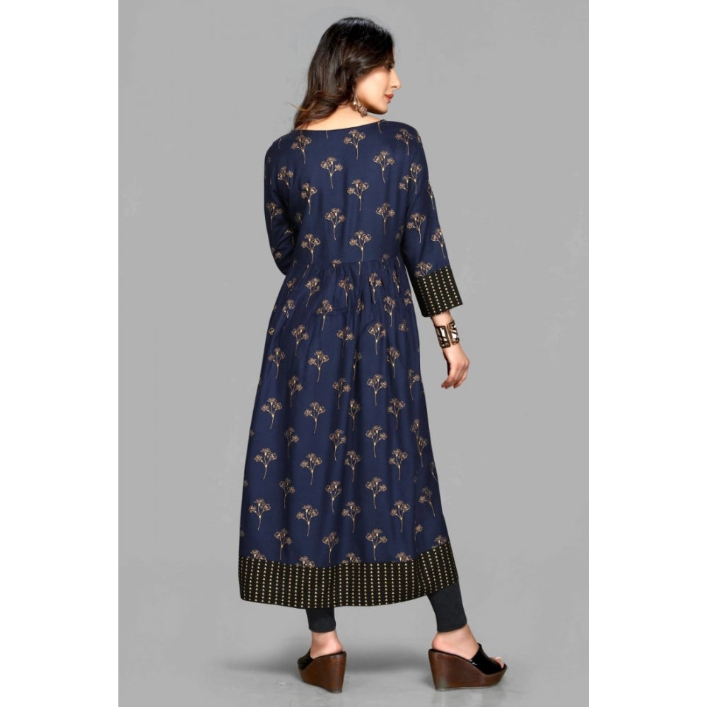 Generic Women's Casual 3/4 Sleeve Viscose Rayon Printed Kurti (Dark Blue)