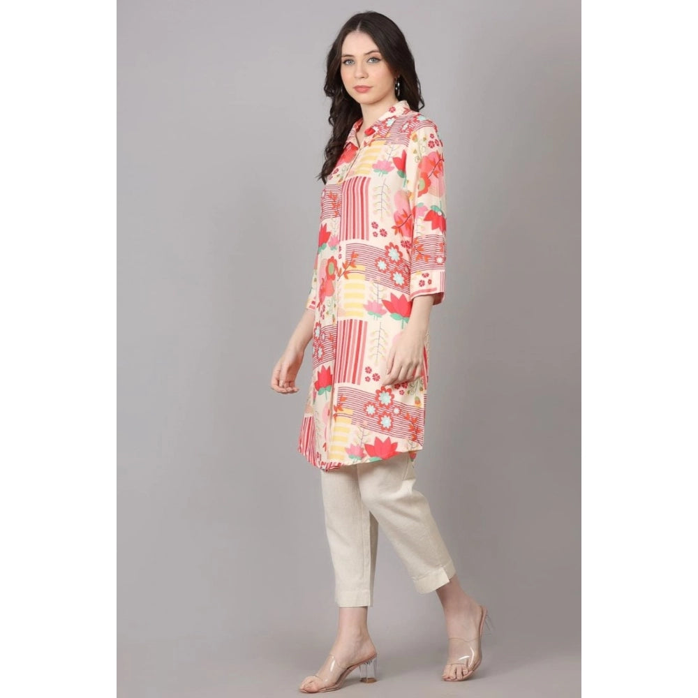 Generic Women's Casual 3/4 Sleeve Viscose Rayon Printed Kurti (Pink)