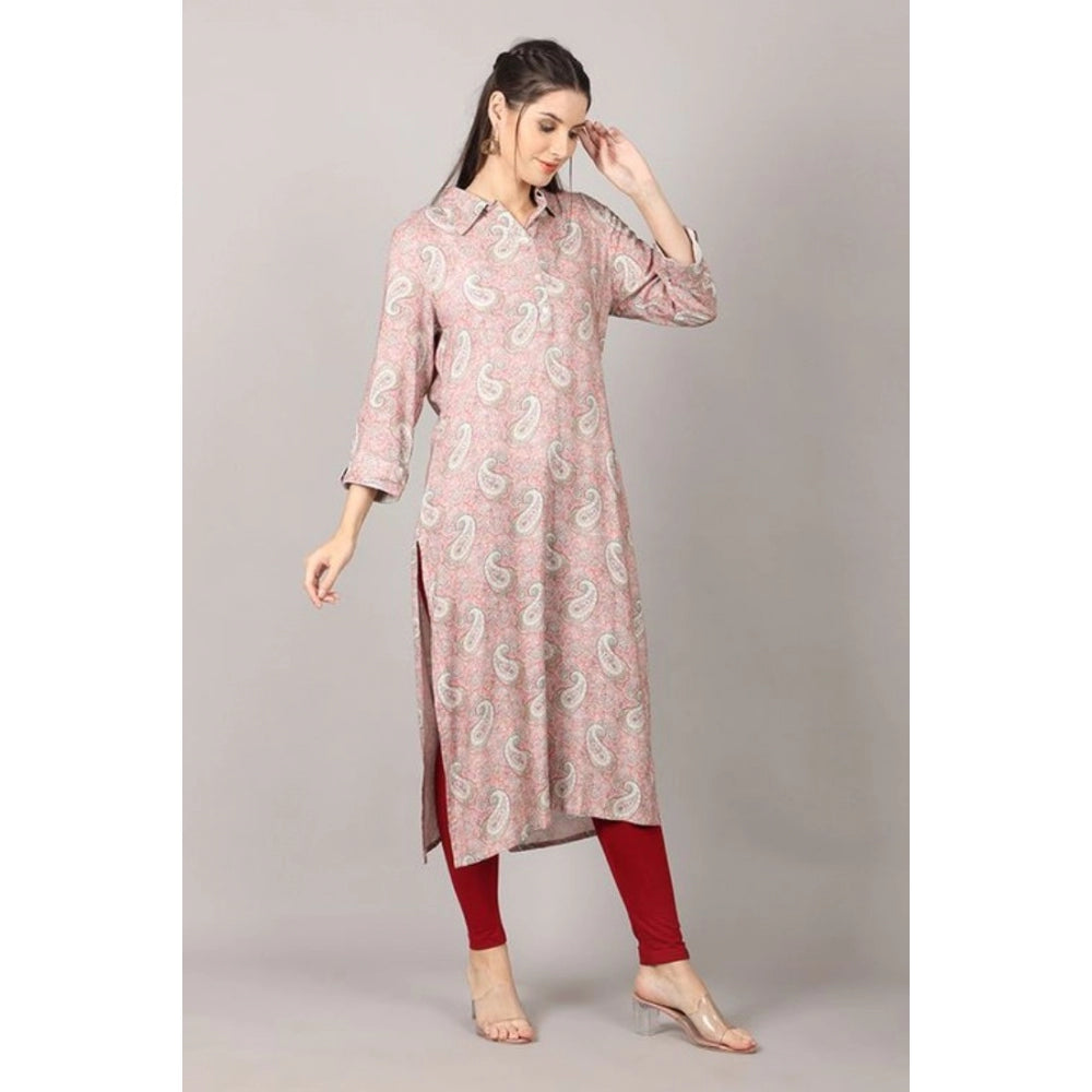 Generic Women's Casual 3/4 Sleeve Viscose Rayon Printed Kurti (Pink)