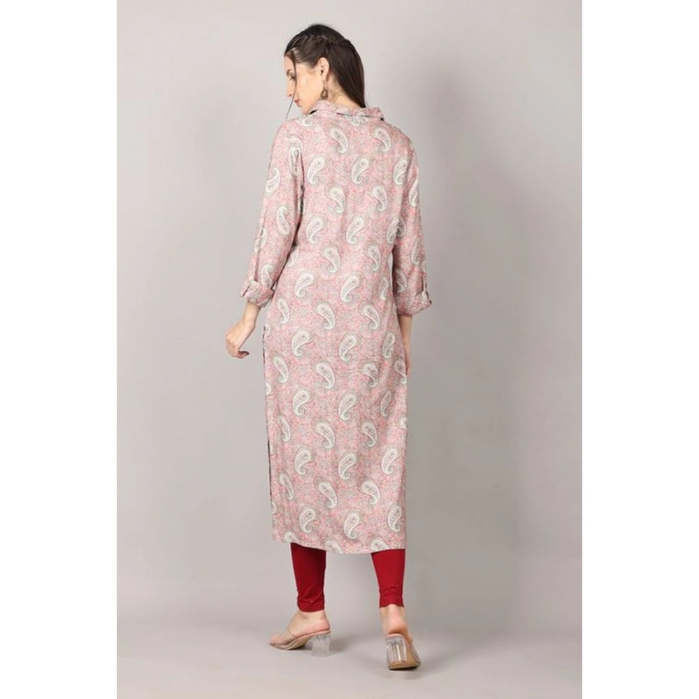 Generic Women's Casual 3/4 Sleeve Viscose Rayon Printed Kurti (Pink)