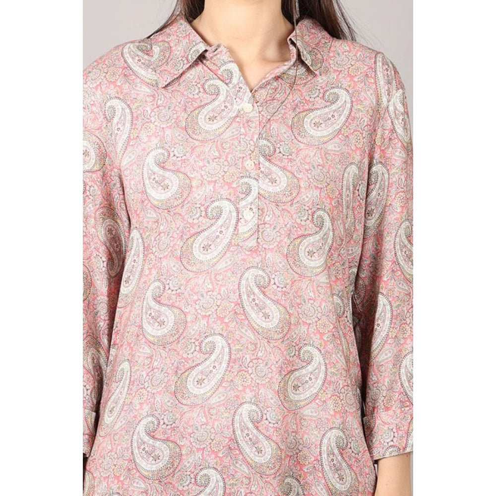 Generic Women's Casual 3/4 Sleeve Viscose Rayon Printed Kurti (Pink)