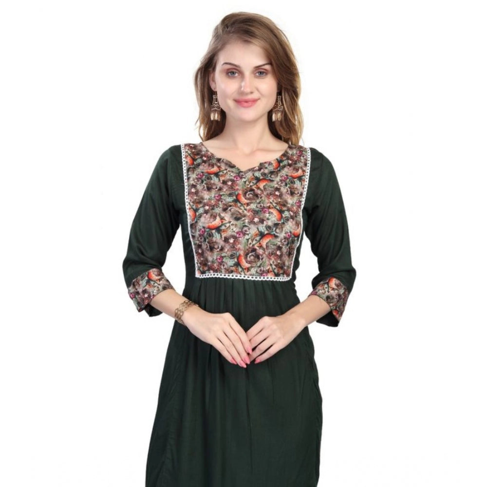 Generic Women's Casual 3/4 Sleeve Viscose Rayon Printed Kurti (Dark Green)