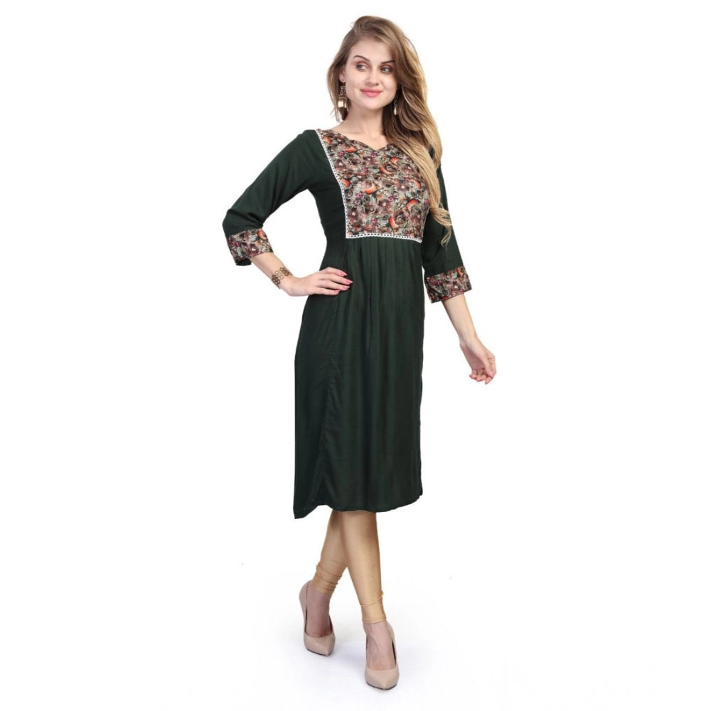 Generic Women's Casual 3/4 Sleeve Viscose Rayon Printed Kurti (Dark Green)