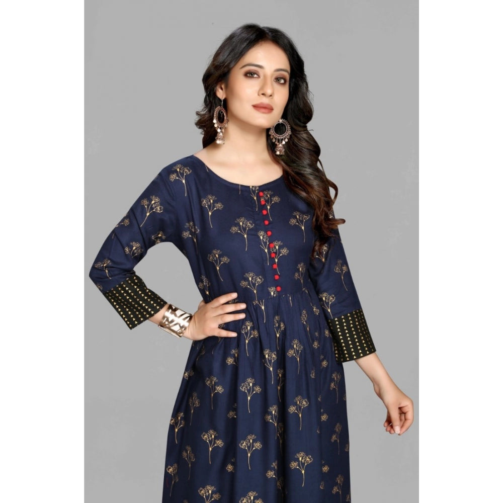 Generic Women's Casual 3/4 Sleeve Viscose Rayon Printed Kurti (Dark Blue)