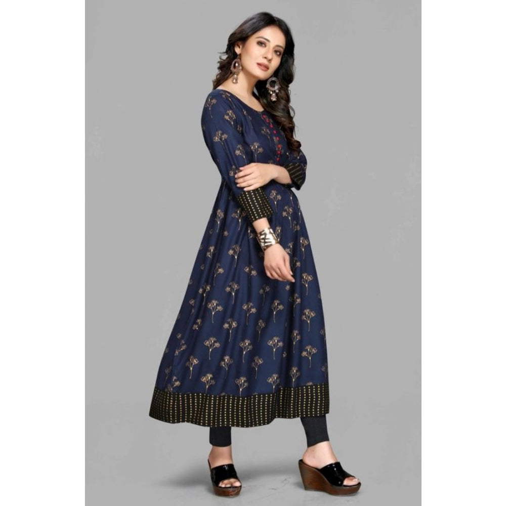 Generic Women's Casual 3/4 Sleeve Viscose Rayon Printed Kurti (Dark Blue)