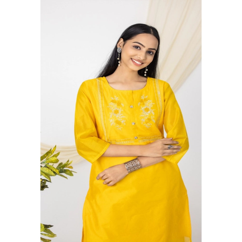 Generic Women's Casual 3/4 Sleeve Chanderi Printed Kurti (Yellow)