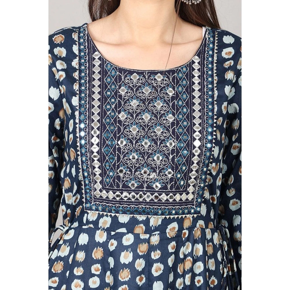 Generic Women's Casual 3/4 Sleeve Cotton Blend Printed Kurti (Dark Blue)